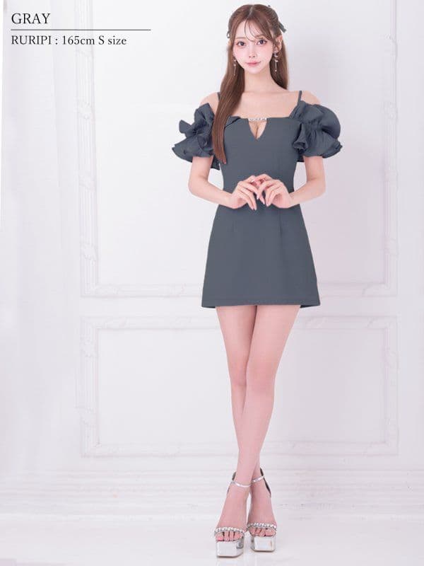 【エンジェルアール】オフショルダーフリルスリーブフレアマイクロミニドレス