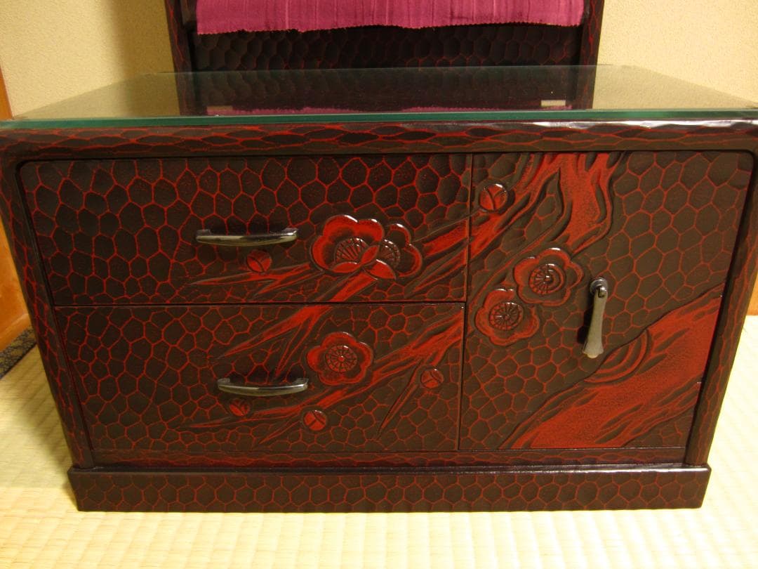 極美品◆伝統工芸◆鎌倉彫◆鏡台/姿見「梅の図」桐の引出し◆梱包・発送たのメル便