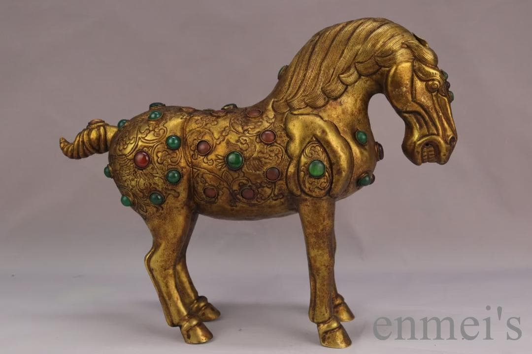 中国古美術 旧蔵 鍍金銅馬 精銅製 鍍金装飾 彫刻馬像 置物 純手作り 古美味