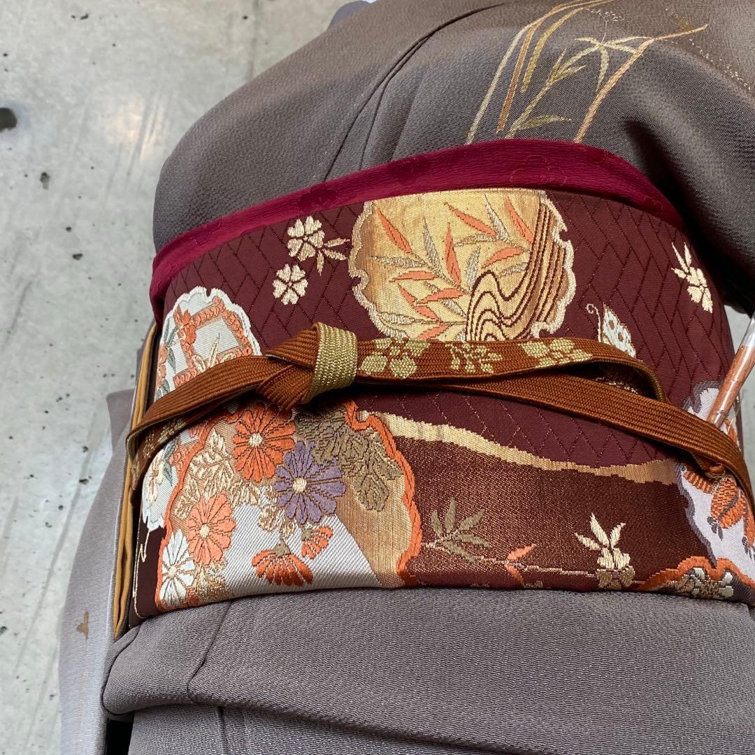 正絹　訪問着　ちりめん　茶色系　袷