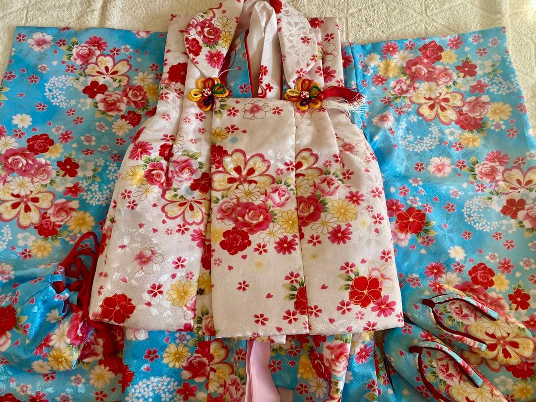 七五三 着物セット 女の子 箱あり 華やかな花柄 白青ピンク赤 髪飾り巾着御祝着