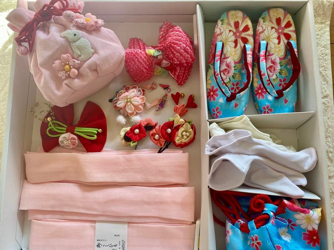 七五三 着物セット 女の子 箱あり 華やかな花柄 白青ピンク赤 髪飾り巾着御祝着