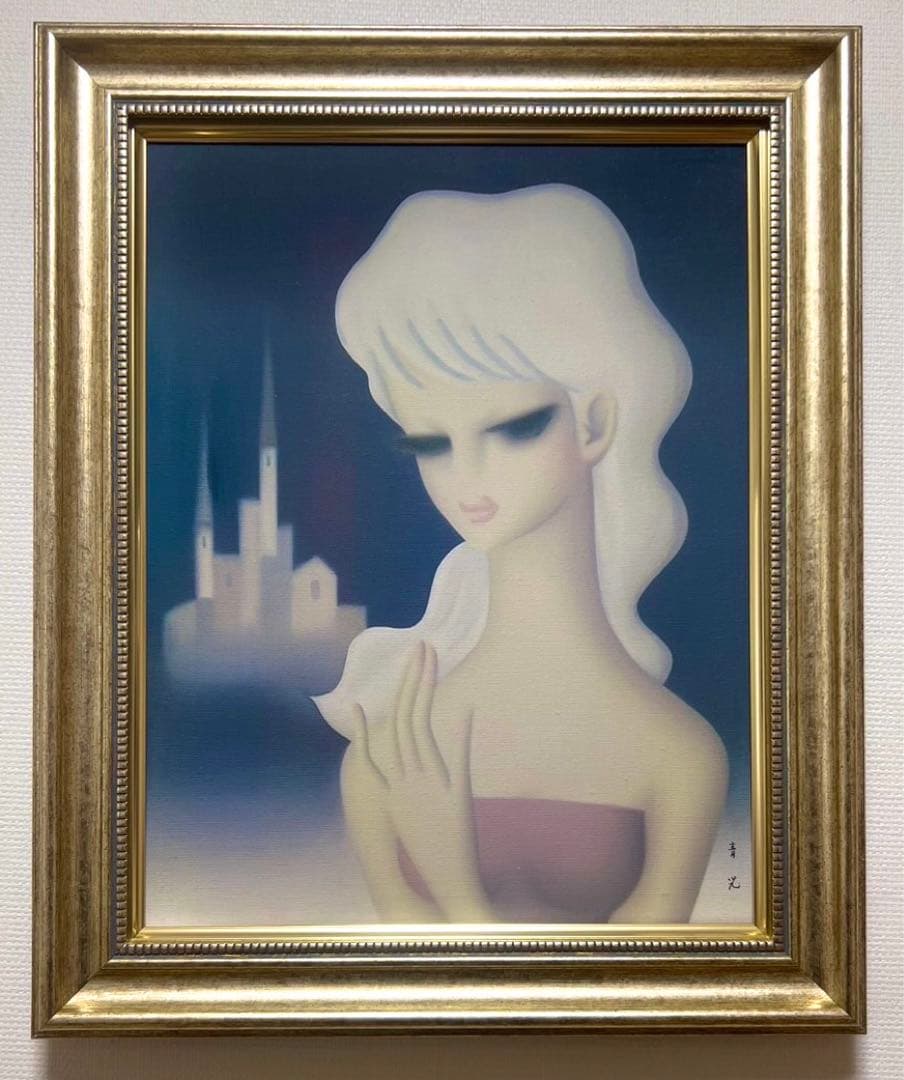 【F6号】東郷青児（塔と少女）手描き/表裏サイン有/油彩/アクリル/裏シール有り