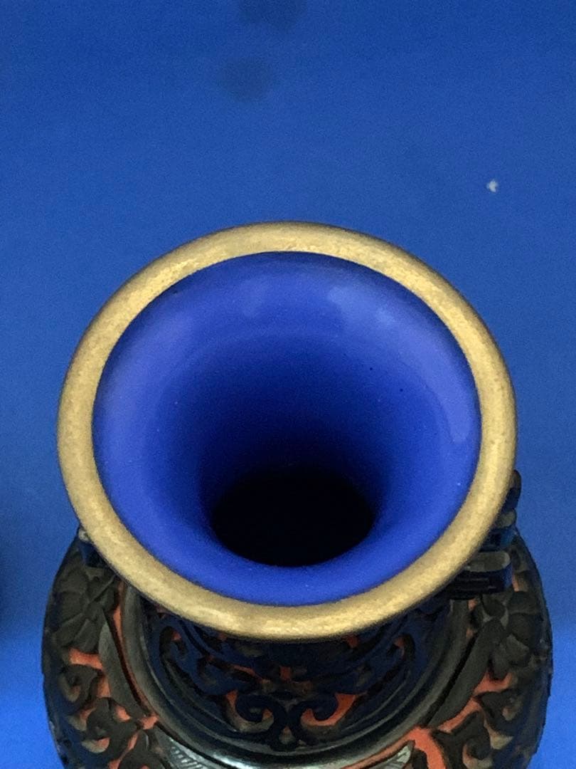 村上堆朱 黒堆朱花瓶 径83xh200台含