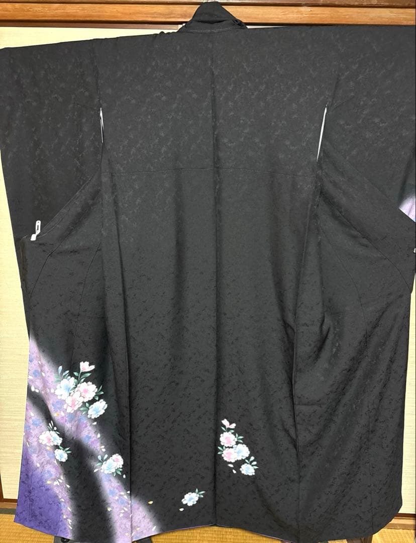 黒紫色 八重桜柄 振袖 身丈157