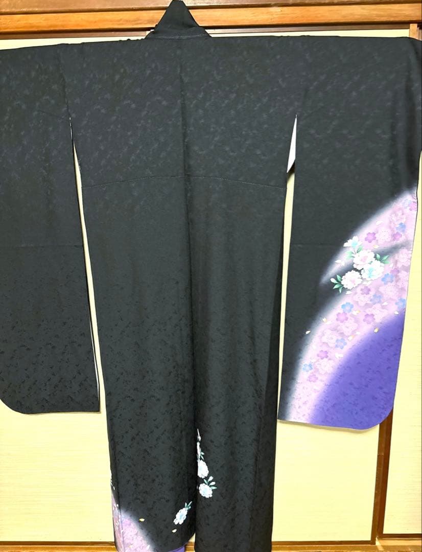 黒紫色 八重桜柄 振袖 身丈157