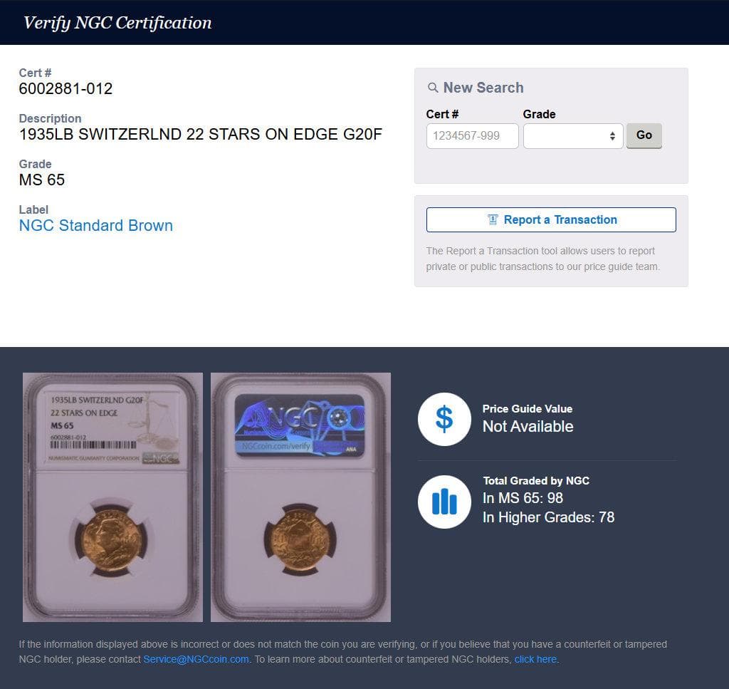 1935年 スイス ブレネリ アルプスの少女 20フラン 金貨 NGC MS65