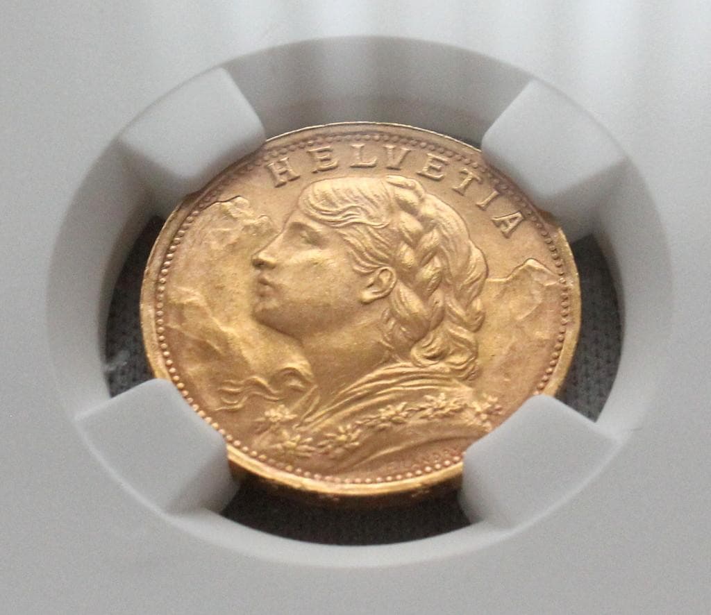 1935年 スイス ブレネリ アルプスの少女 20フラン 金貨 NGC MS65