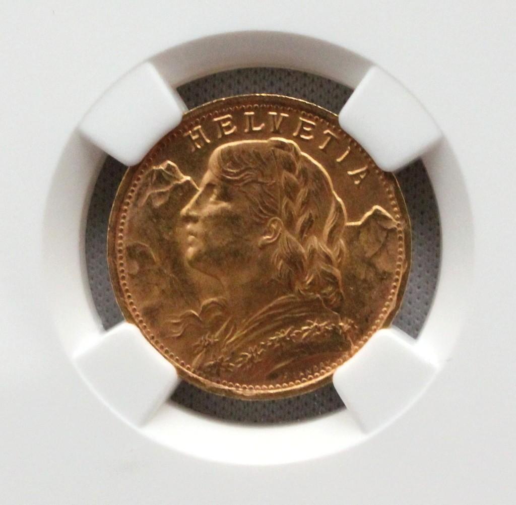 1935年 スイス ブレネリ アルプスの少女 20フラン 金貨 NGC MS65