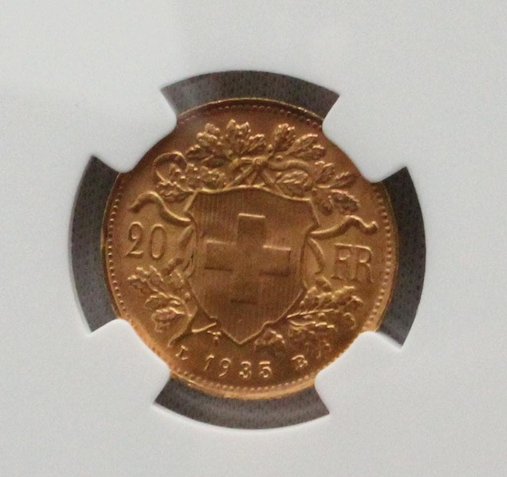 1935年 スイス ブレネリ アルプスの少女 20フラン 金貨 NGC MS65