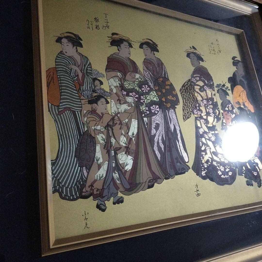 ガラス絵 浮世絵 美人画 鳥居清長 江戸時代後期 古美術 骨董 アンティーク
