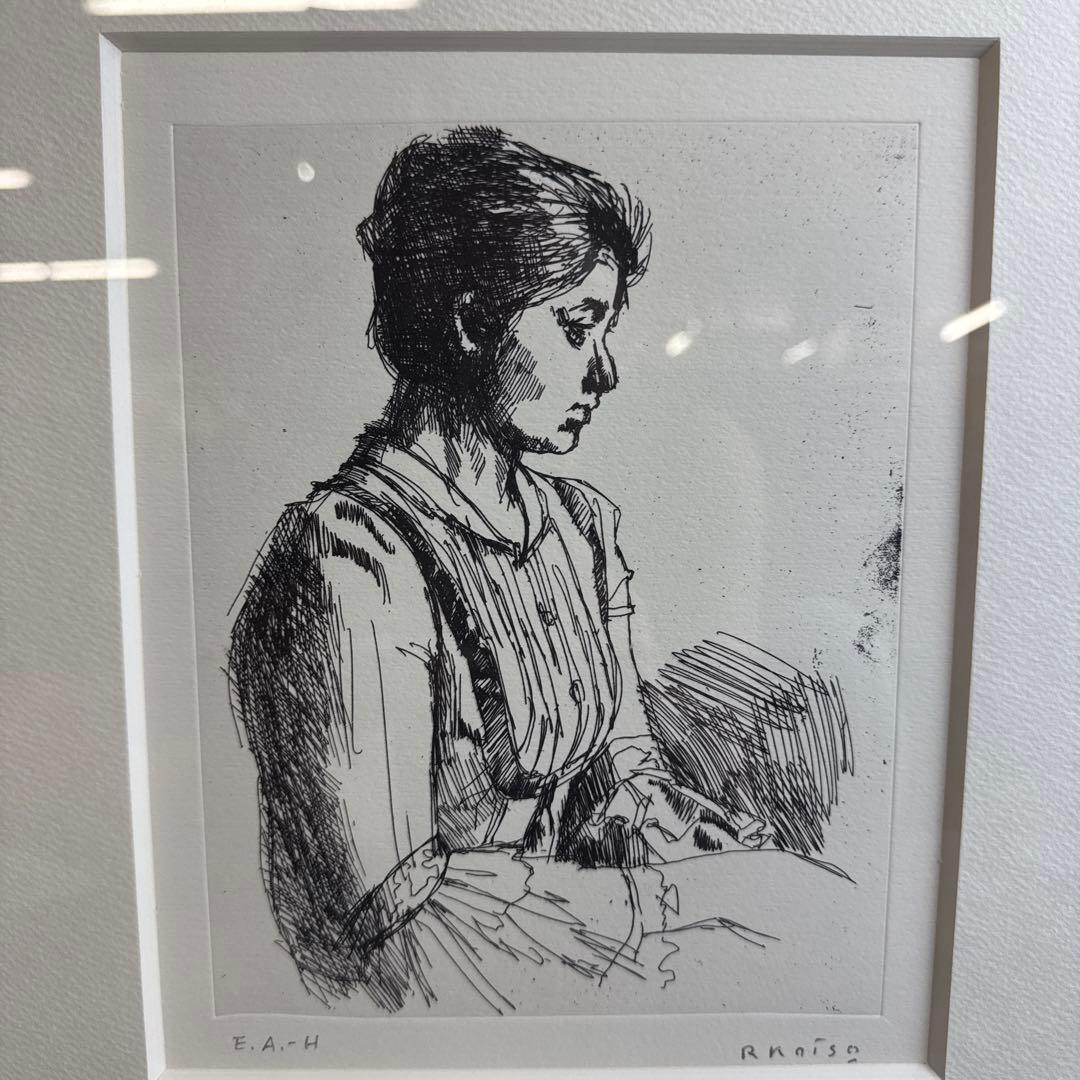 小磯良平 複製画 1978制作 若い女 エッチング サイン 額装