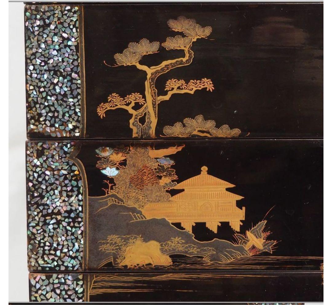 送料無料　旧家蔵出　江戸時代　螺鈿蒔絵山水楼閣文4重箱　合箱