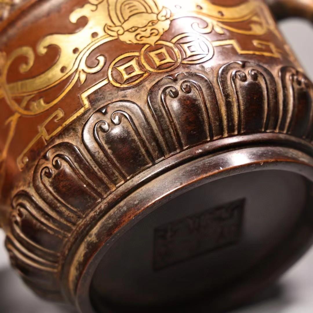 中国古美術・旧蔵錾刻鎏金香炉・純紫銅细密彫・純手作り・高浮彫・置物・仏具・文房具