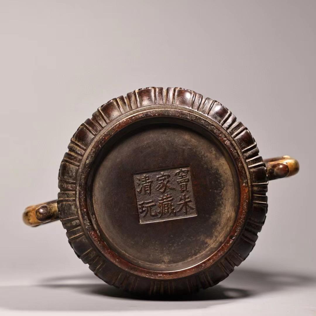 中国古美術・旧蔵錾刻鎏金香炉・純紫銅细密彫・純手作り・高浮彫・置物・仏具・文房具