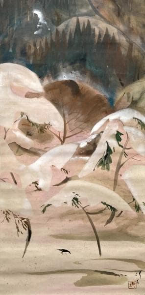 川端龍子／文化勲章受章作家「雪神路」風景画 掛軸 絹本 共箱