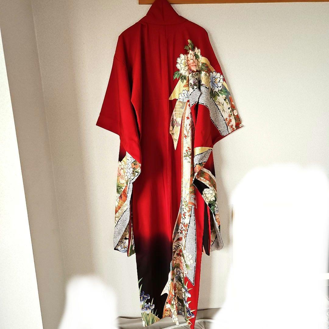 京都きもの友禅　振り袖　帯　長襦袢　3点　金彩　絞り　牡丹　蝶