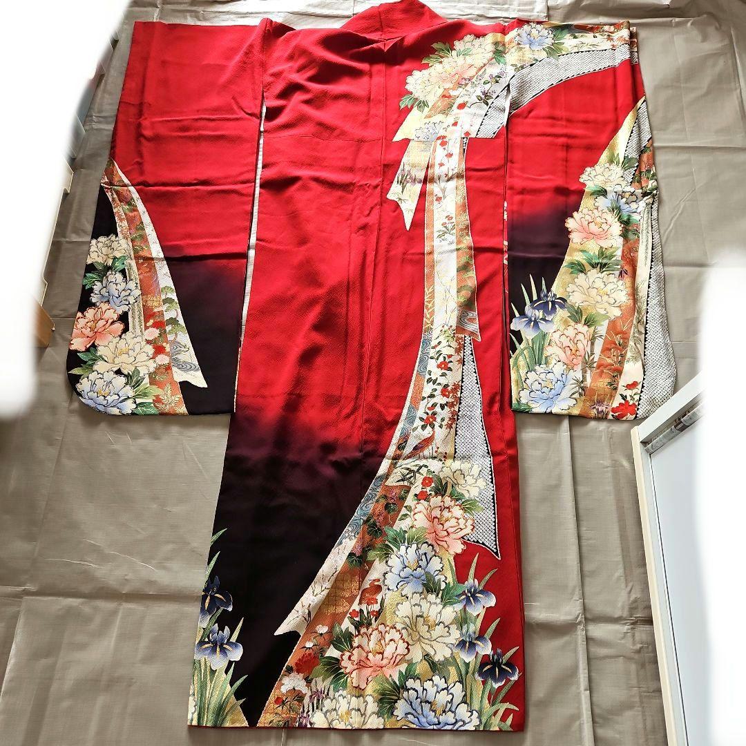 京都きもの友禅　振り袖　帯　長襦袢　3点　金彩　絞り　牡丹　蝶