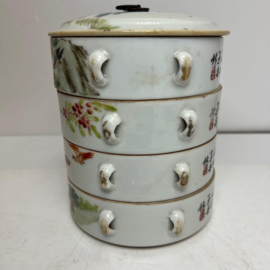中国清時代　粉彩　四段重　高さ約18㎝　木箱付　トコオ　東さ8-0126☆2F