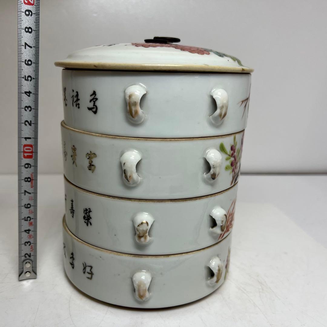 中国清時代　粉彩　四段重　高さ約18㎝　木箱付　トコオ　東さ8-0126☆2F