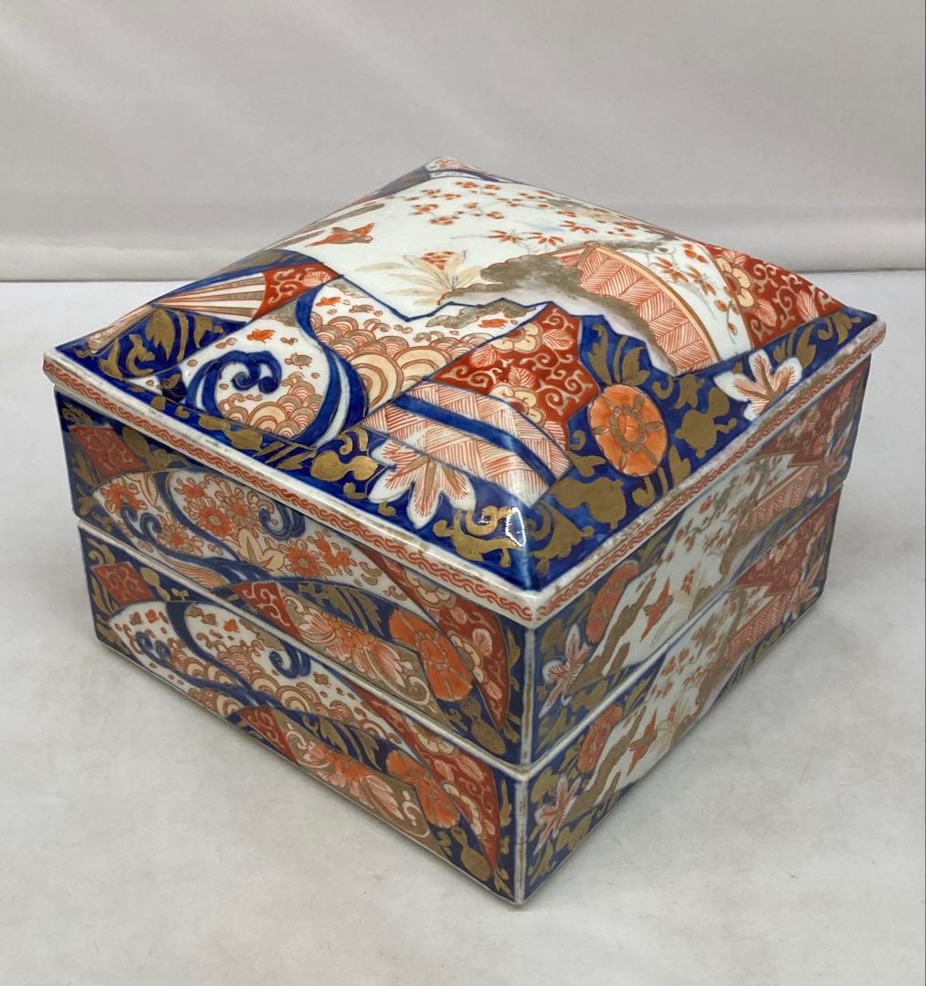 B330s 伊万里焼錦扇面図 二段重箱　食器　江戸・明治時代　有田焼