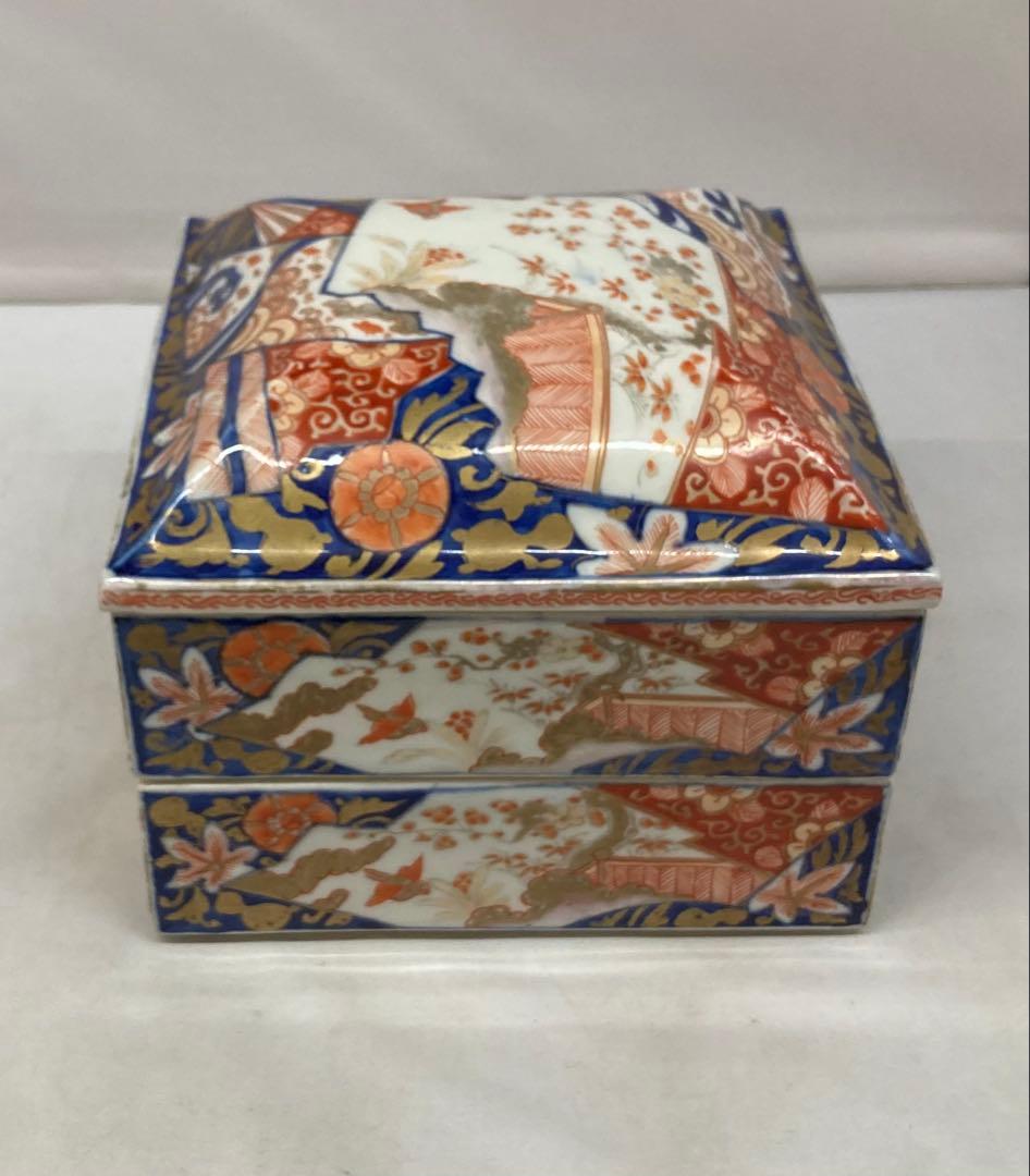 B330s 伊万里焼錦扇面図 二段重箱　食器　江戸・明治時代　有田焼