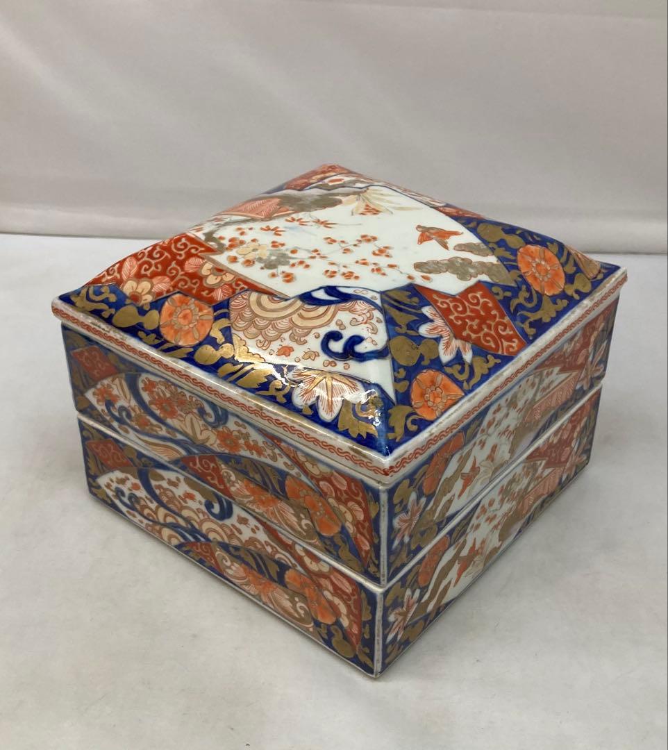 B330s 伊万里焼錦扇面図 二段重箱　食器　江戸・明治時代　有田焼