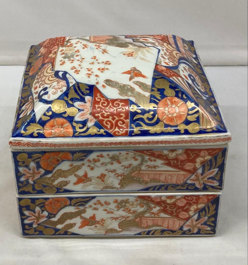 B330s 伊万里焼錦扇面図 二段重箱　食器　江戸・明治時代　有田焼