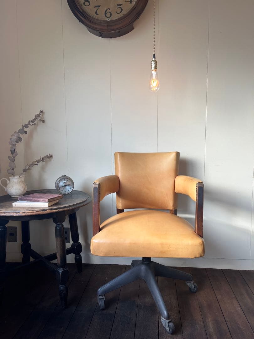 キャメルレザー 回転椅子事務オフィスチェアキャスター本革アンティークヴィンテージ