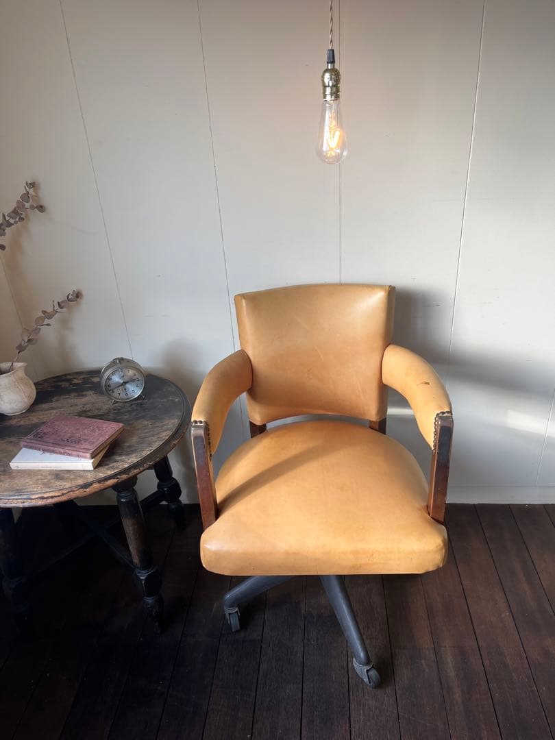 キャメルレザー 回転椅子事務オフィスチェアキャスター本革アンティークヴィンテージ