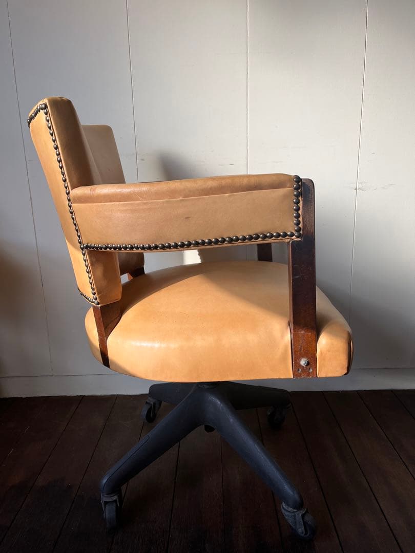 キャメルレザー 回転椅子事務オフィスチェアキャスター本革アンティークヴィンテージ