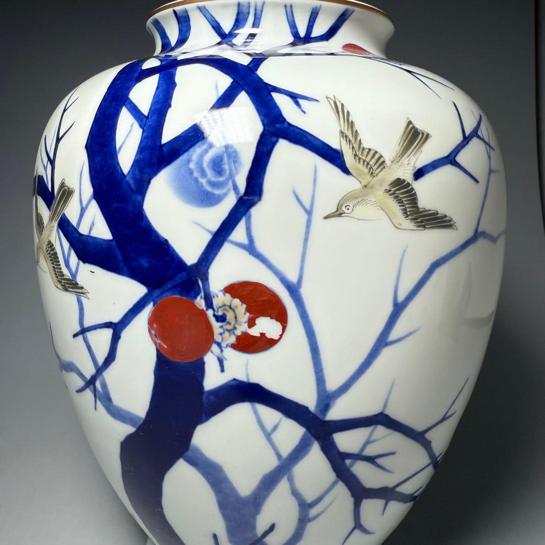 オールド深川製磁　錦手　柿鳥図花瓶　高さ24cm　オブジェ　インテリア