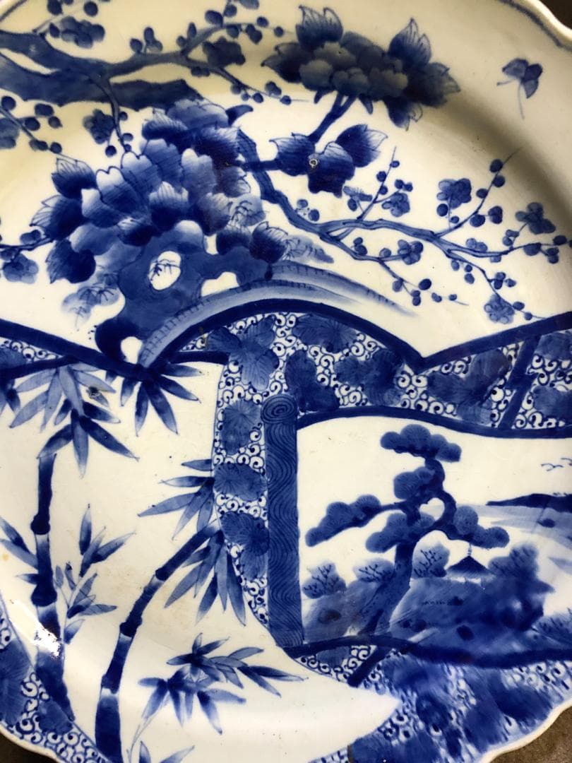 旧家蔵出し品　古伊万里　松竹梅に扇　巻物　唐草文様　古い大皿