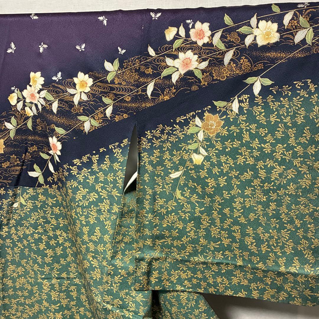 D88 訪問着 花模様 蝶々 流水 金彩 正絹 着物 袷 極美品