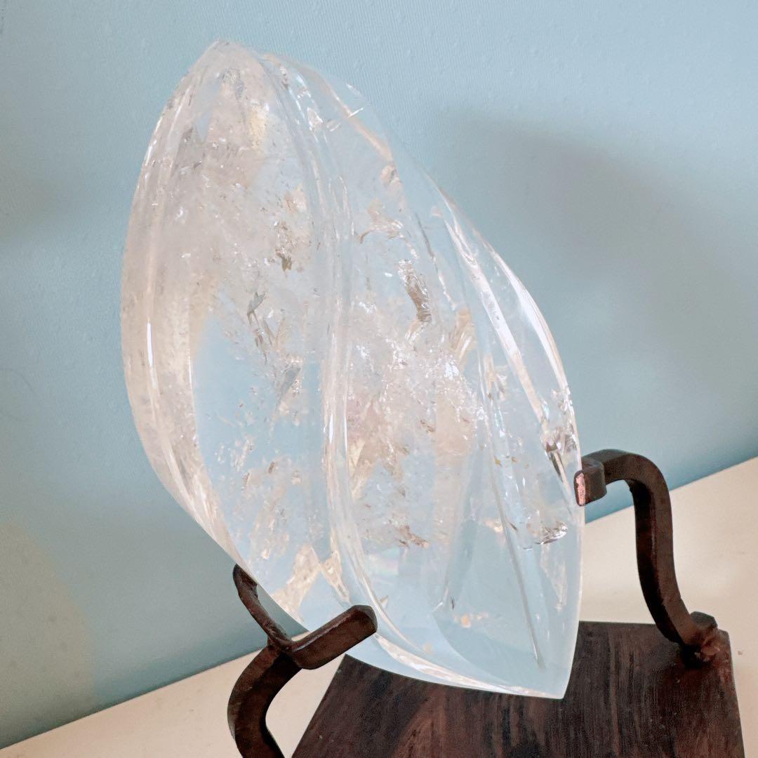 天然水晶★アーモンド型オブジェ★透明水晶★レインボー入り★台座付き★天然石★置物