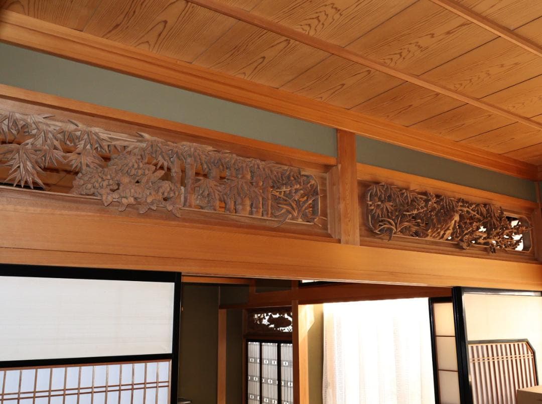 BK194　越中井波彫刻　名工　前川正治 作　四君子図　欄間　一対　細密彫刻