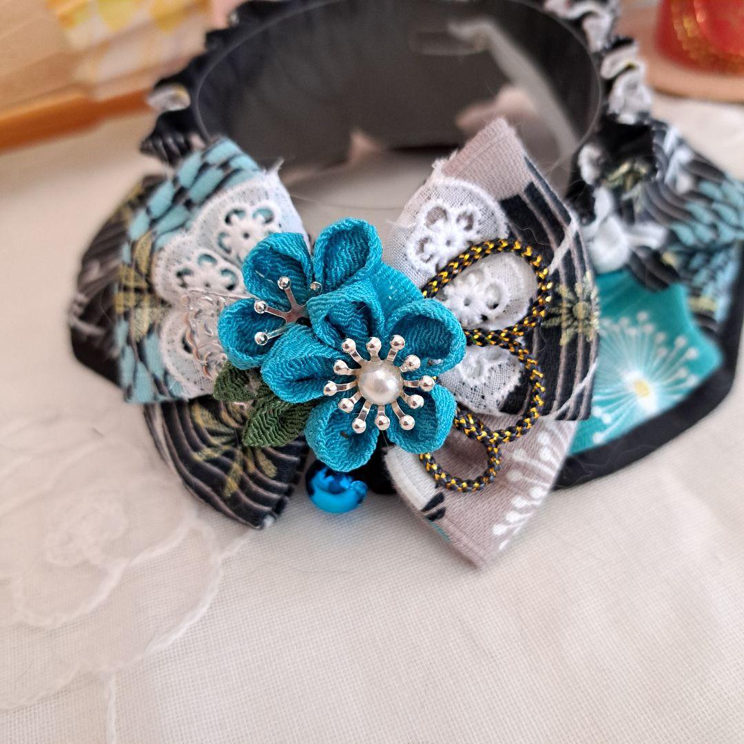 幅広シュシュ、和風妻み細工(黒×エメラルド)わんちゃん猫ちゃん用