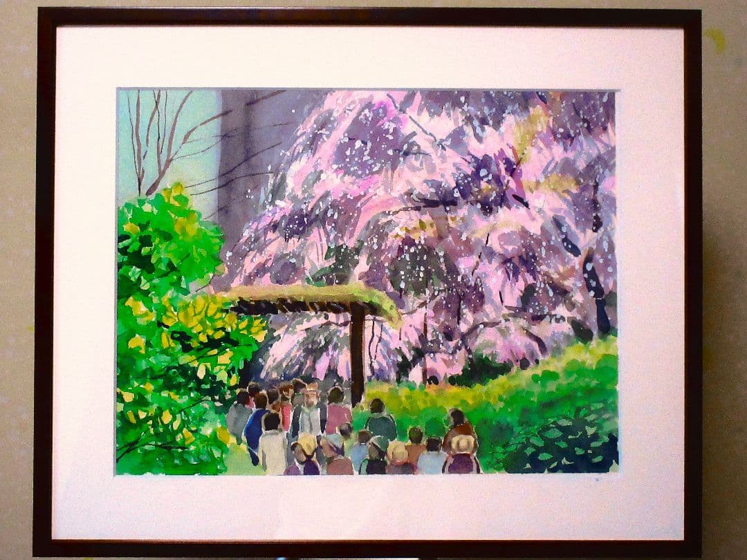 しだれ桜(六義園)水彩画 木製フレーム付き