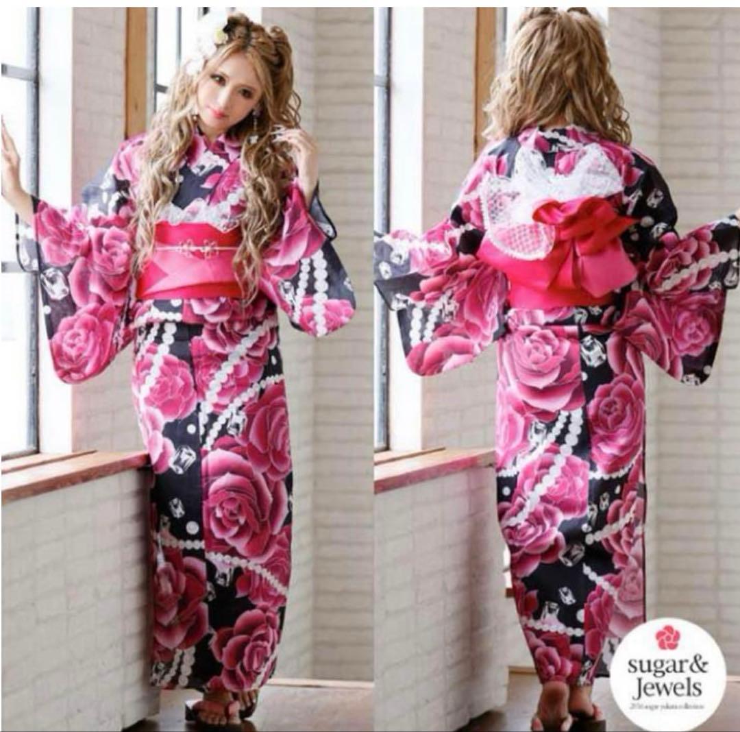 お盆中限定のお値下げ Sugar 浴衣、帯、レース、うちわ、4点セット