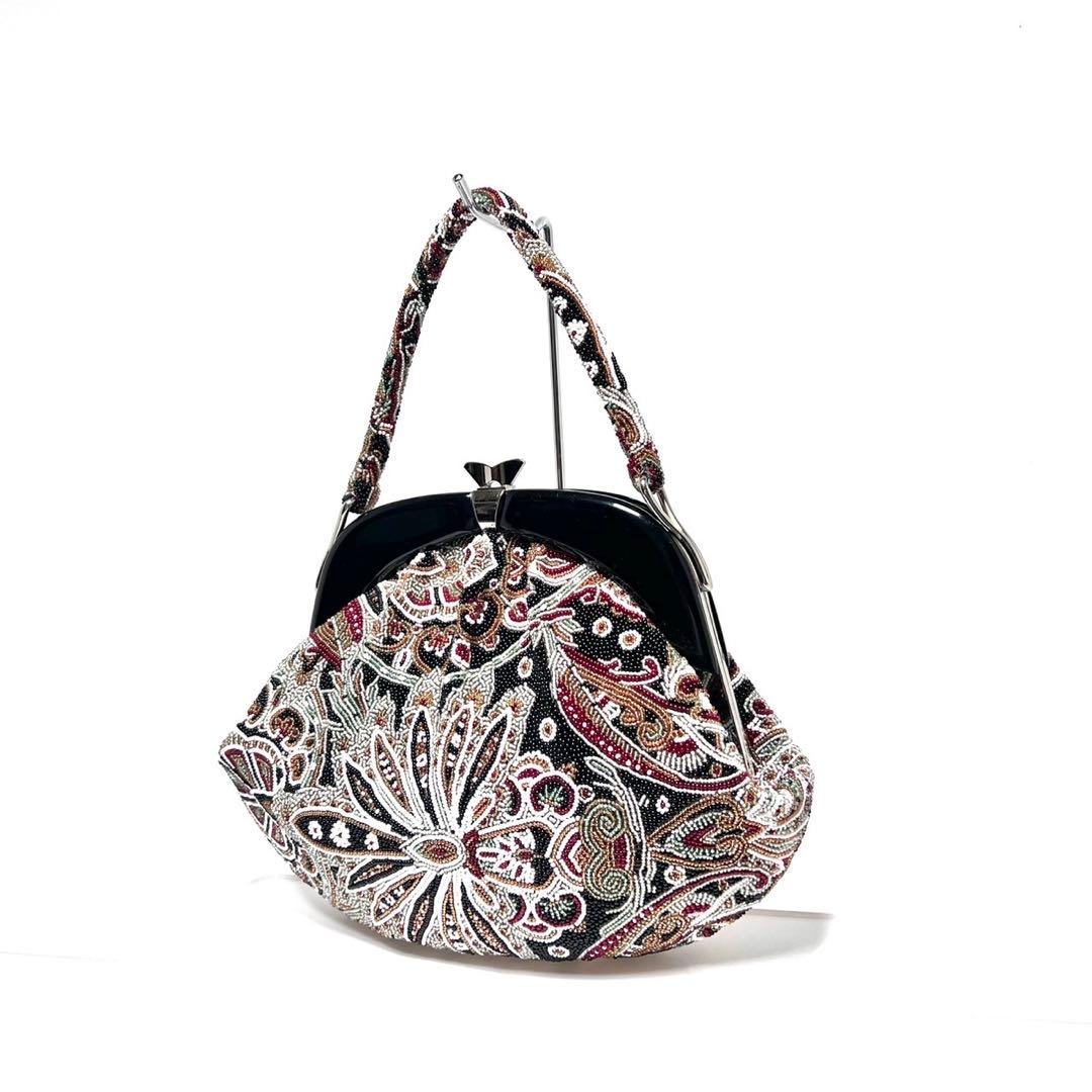 【美品】KUJAKUDO/ビーズ総刺繍/総柄/がま口/ビーズバッグ ハンドバッグ