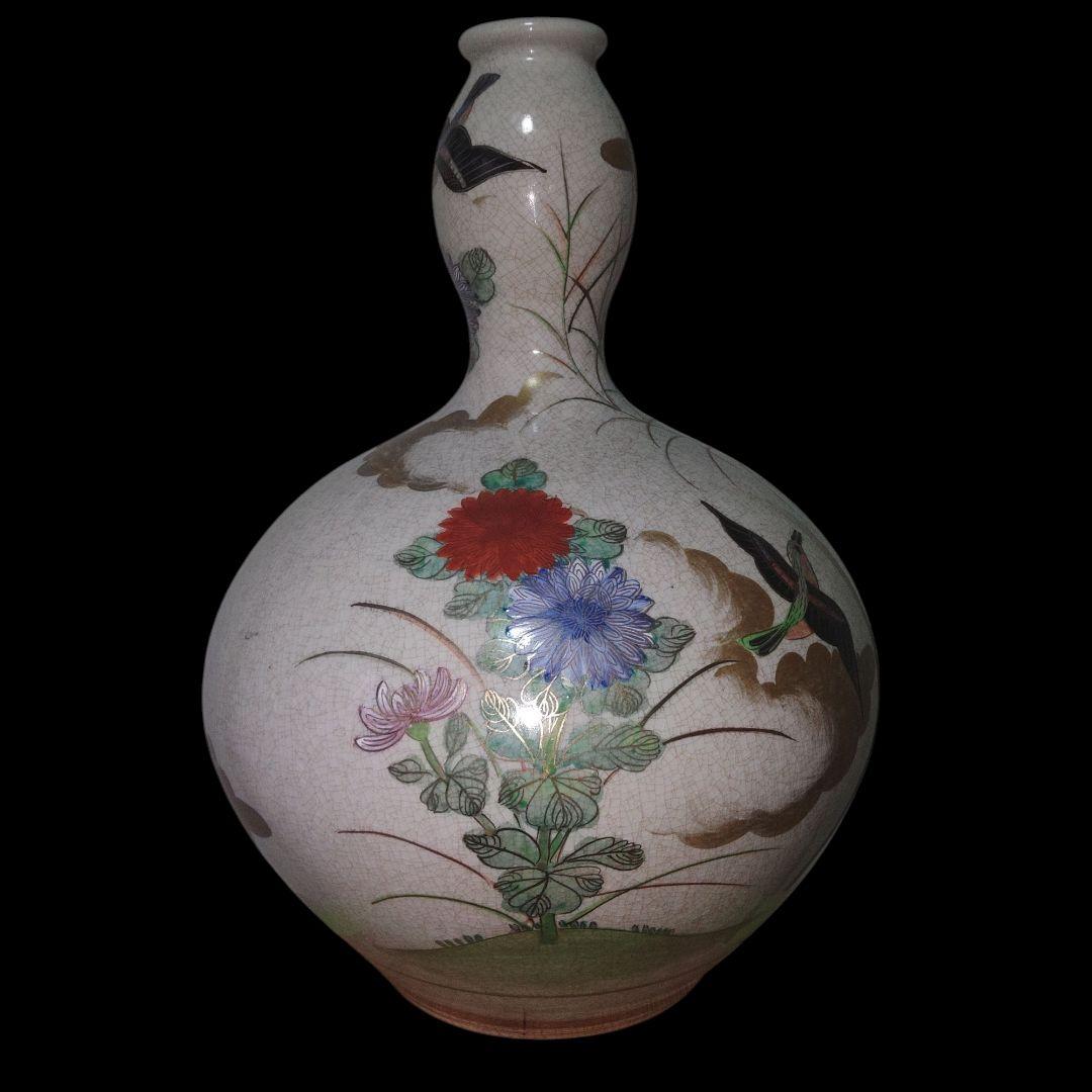 薩摩焼　○に十　草花文瓢箪花瓶　鑑賞用