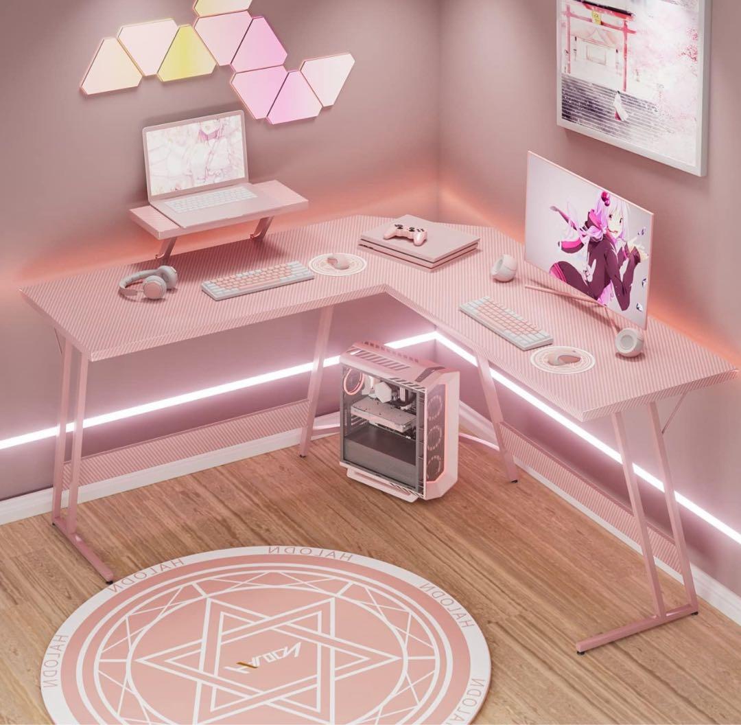 未開封 ゲーミングデスク l字 ピンク モニター台付き PCデスク