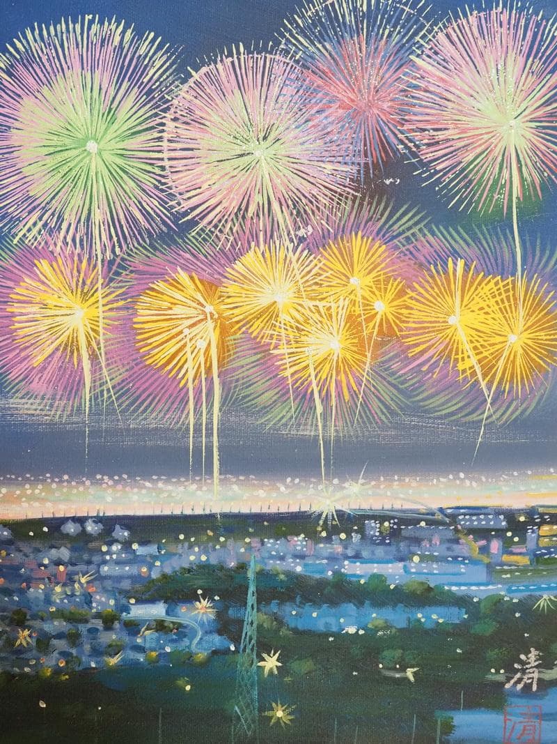 風景画　油絵　山下清　花火　F6　額付き　手描き　肉筆