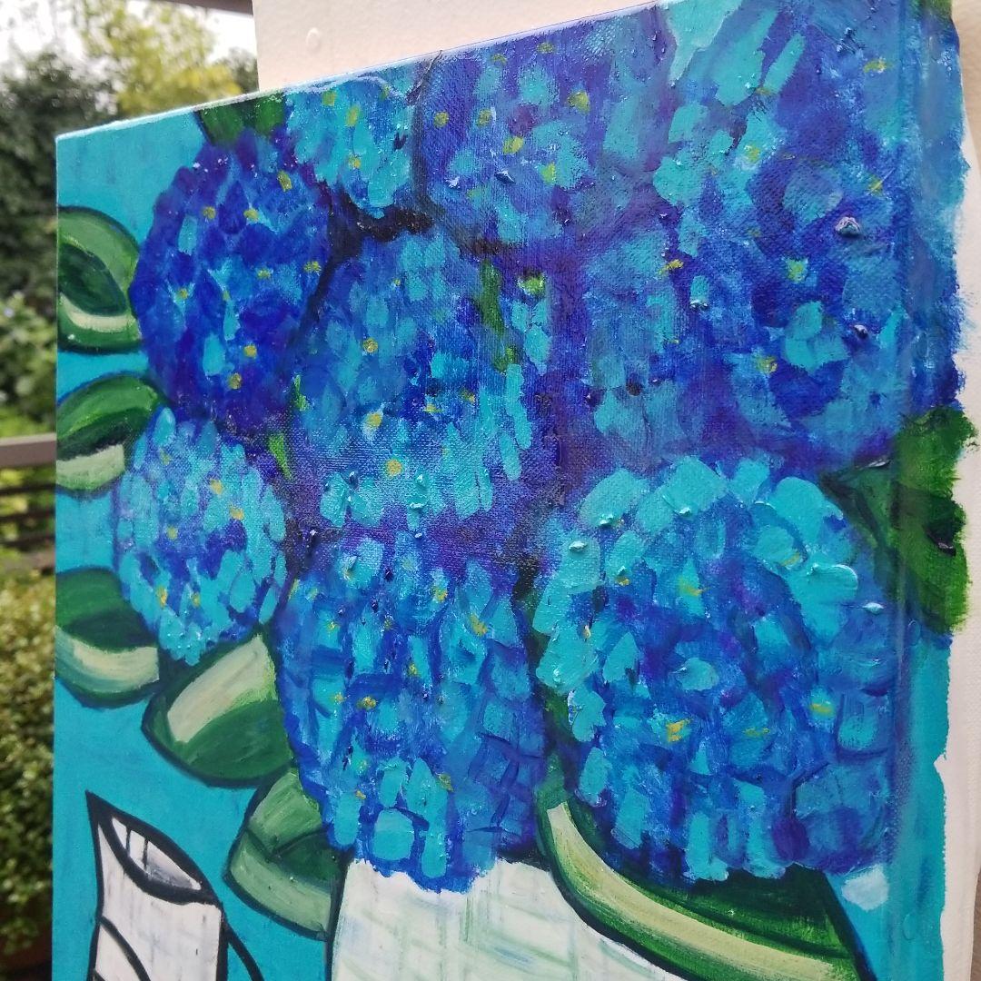 油絵　専用　青いあじさいを差したテーブル