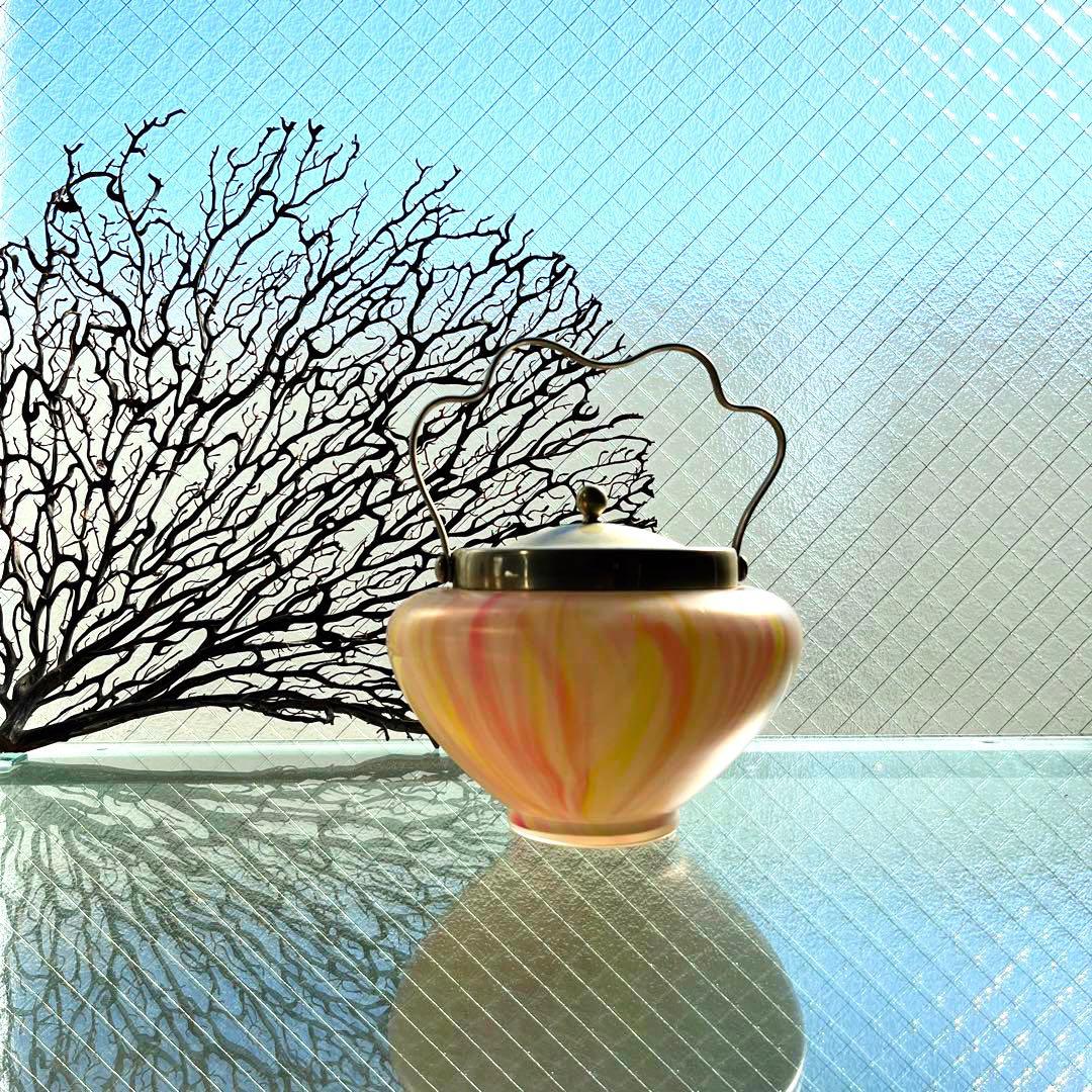 骨董　時代ガラス　パール調ラスター　希少　ドーム型　ビスケットジャー　菓子器