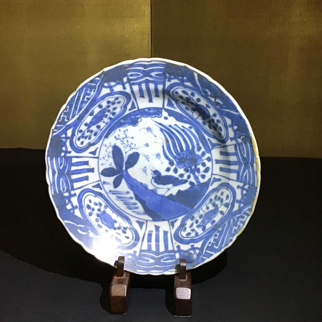 明朝青呉須花鳥図中皿　希少