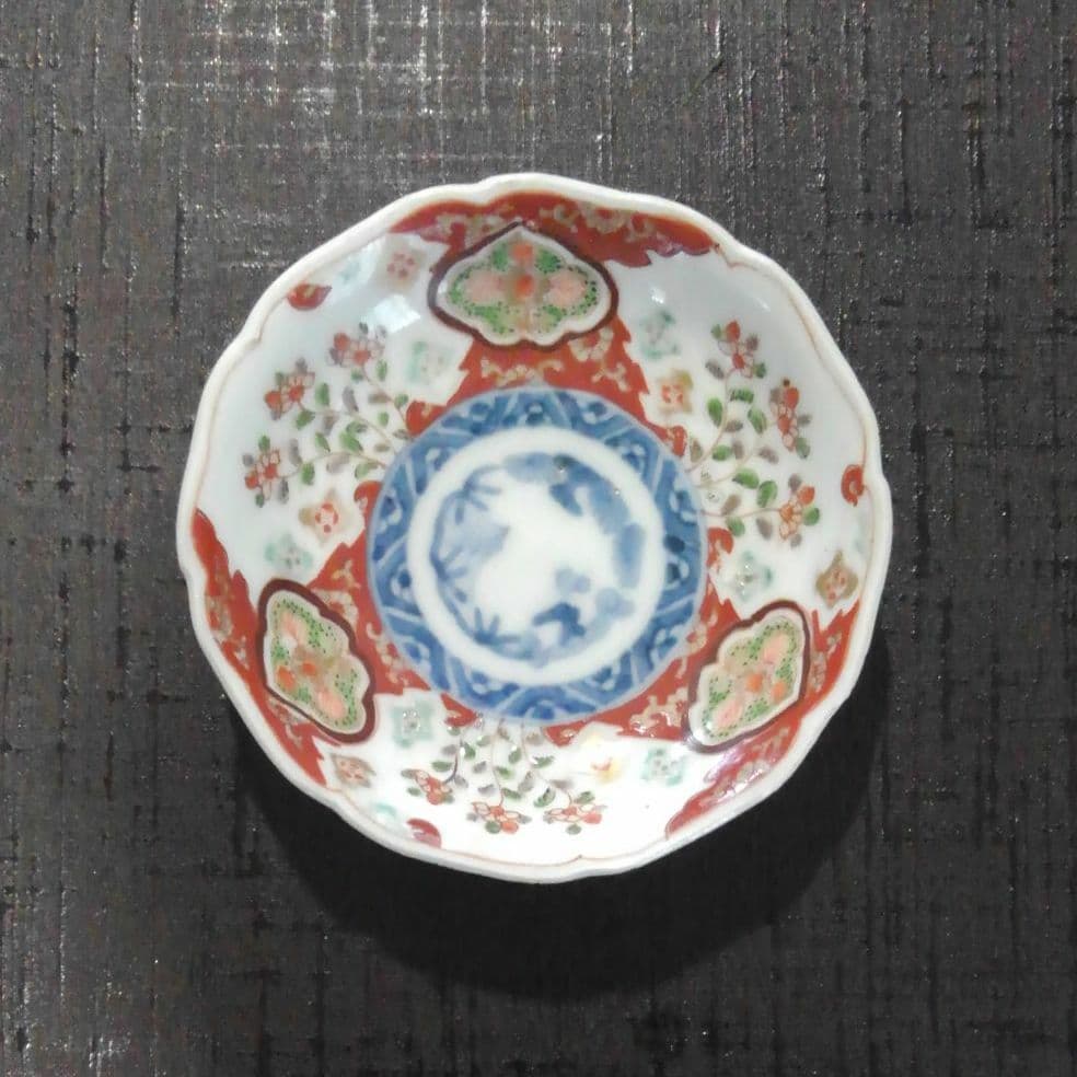 古伊万里上手　染錦窓絵草花紋皿五枚揃え