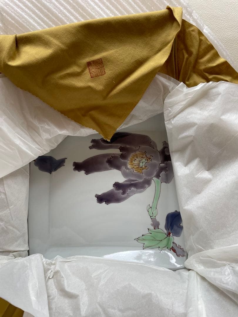 九谷焼　武腰潤　富貴図　牡丹　花絵　板皿　共箱