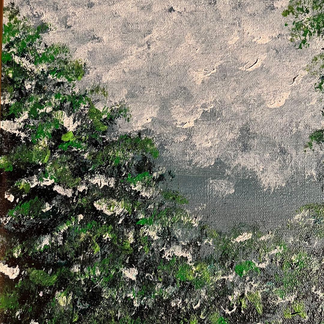 手書き油絵 緑月 額付 肉筆絵画 インテリア 油彩画