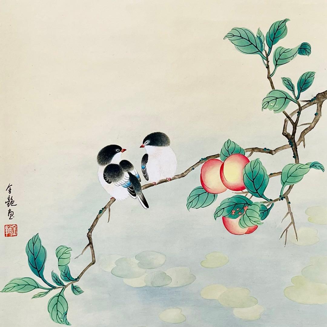 【本表装】肉筆掛け軸花鳥画　細筆画「双鳥図」美術品　絵画　和室　茶室　床の間